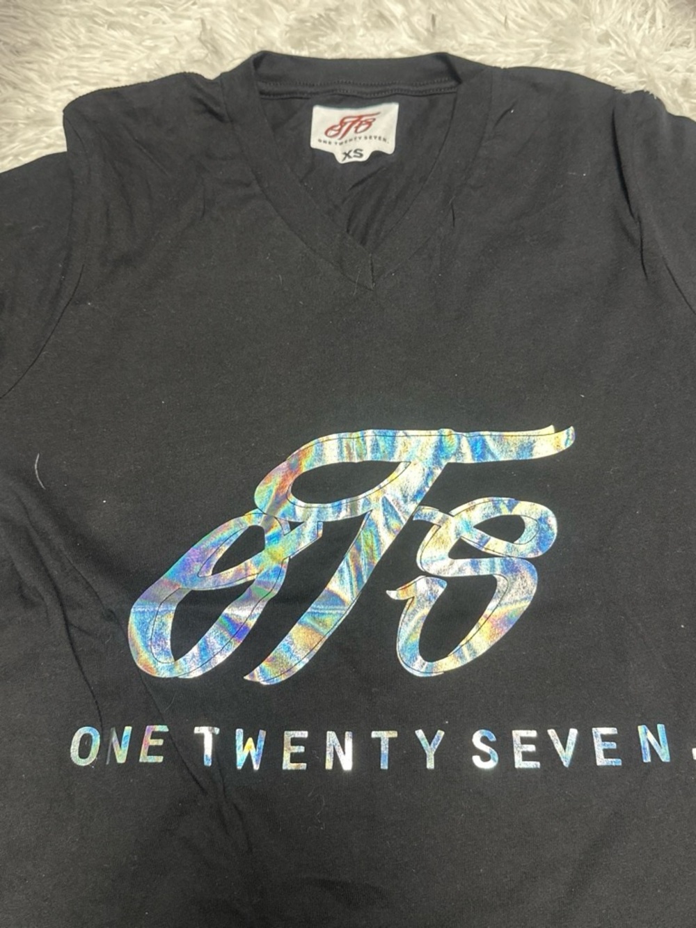 Women’s Black V-Neck Tee with Holographic Logo